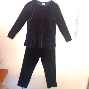 Vintage R&M Richards Velvet Women's Set  blouse & Pants Navy Glitter sz 10.